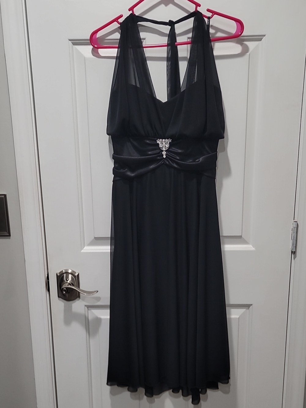 XOXO Black Chiffon Midi Dress with Center Brooch